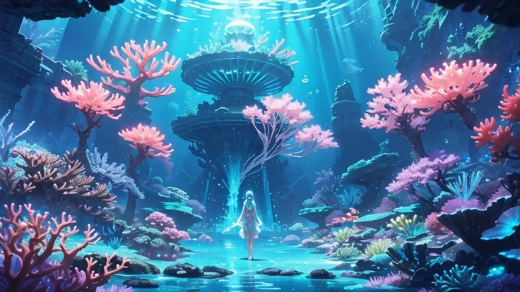 Fantastic underwater scene in anime style for ambient music album. Alien coral reefs glowing neon colors. Translucent fish and floating jellyfish with luminous geometric patterns. Ruins of an ancient underwater civilization covered in glowing algae. Musica...