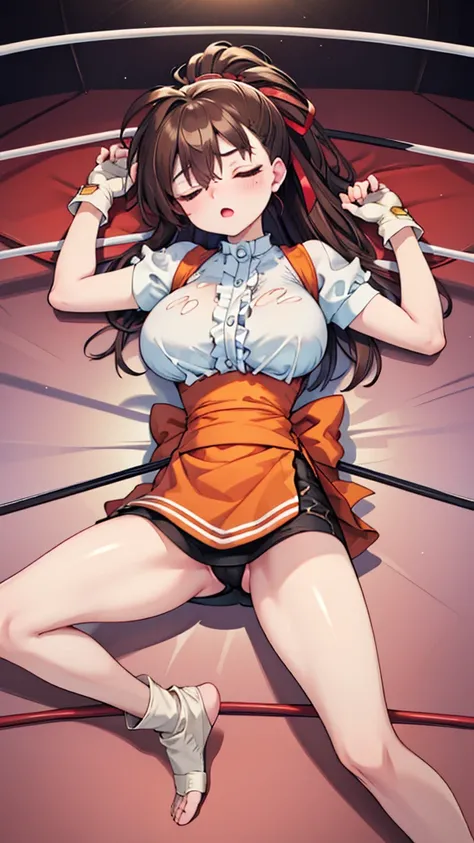 Highest quality，masterpiece，Lying down，sleep，(レスリングのリングにLying down, WWE Divas，Wrestling Arena，Wrestling ring background, Boxing ring background), 仰向けにsleep, Lack of stamina, Ryona, Hitting a girl, death is near，タケユカ 超ロングヘア ヘアribbon, Frilled shirt, Underbus...