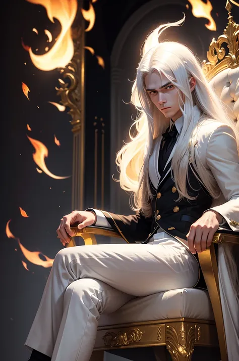 man, twenty four years old, white long hair, wearing white suit, black pants, strong body, serious face, hands crossed, sitting on a throne, dim light, flames around, golden eyes, long distance view, wide angle image, no beard, front angle view