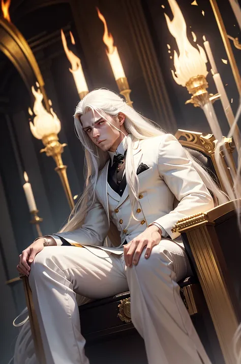 man, twenty four years old, white long hair, wearing white suit, black pants, strong body, serious face, hands crossed, sitting on a throne, dim light, flames around, golden eyes, long distance view, wide angle image, no beard, front angle view