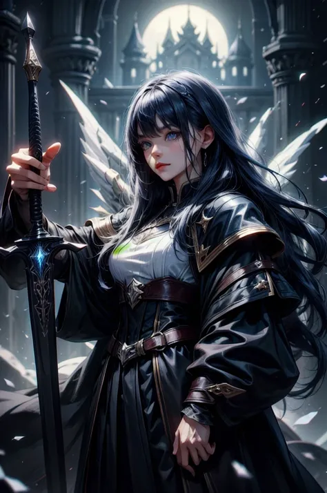 (absurdres, highres, ultra detailed), clean detailed anime art, 1woman, black blue toned hair, long hair, blue eyes, white skin, witch hunter character, holding a sword, dark forest, night, 