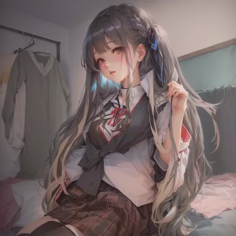 Anime Girls with long hair sitting on bed with clothes hanging on wall, Soft anime illustration, Smooth anime CG art, Anime Girls with long hair, seductive Anime Girls, From Girls Frontline, cute Anime Girls, Anime Art Wallpapers 8K, [ 4k digital art ]!!, ...