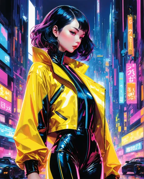 In a neon-lit cyberpunk space setting, a figure emerges clad in a sleek yellow jumpsuit, designed with a distinct art style reminiscent of Yoshiaki Kawajiri. The scene is portrayed in a vivid and elaborate digital painting, showcasing sharp edges and dynam...