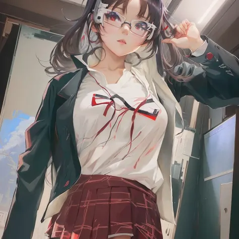 Wearing glasses、Anime girl in a white shirt and red skirt, Kantai Collection Style, artwork in the style of Gwaiz, Gwaiz, Detailed digital anime art, Digital anime illustration, Gwaiz on pixiv artstation, Anime Moe Art Style, a Surreal , Realistic school g...