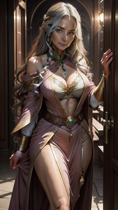 medieval fantasy, priestess in her late 40s, warm and welcoming presence, long wavy ((brown hairs)), pink and gold (ribbons), gentle green eyes, fair skin bears the soft lines of age and wisdom, flowing pink and gold robes, gold pendant, in a temple