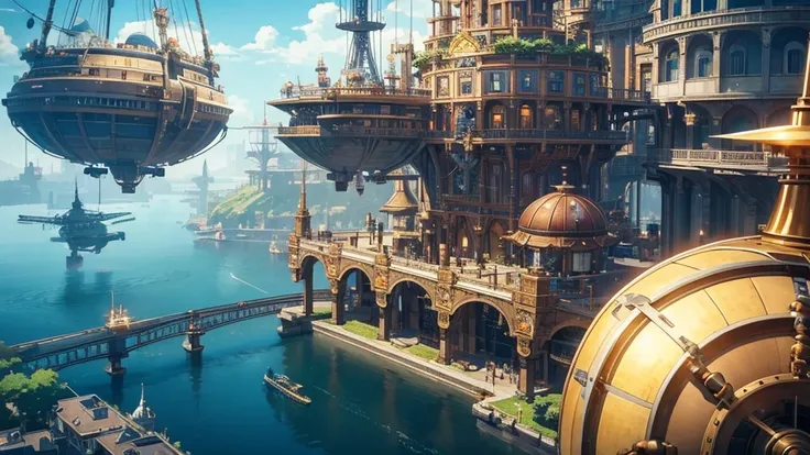 Floating steampunk city in anime style for jazz fusion cover. Flying islands connected by gear bridges and steam pipes. Blimps and flying machines with bronze propellers fly through the sky. In the middle, a huge mechanical clock rules the city. Detailed a...