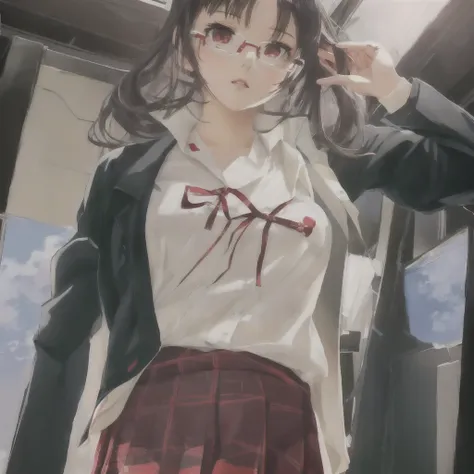 Wearing glasses、Anime girl in a white shirt and red skirt, Kantai Collection Style, artwork in the style of Gwaiz, Gwaiz, Detailed digital anime art, Digital anime illustration, Gwaiz on pixiv artstation, Anime Moe Art Style, a Surreal , Realistic school g...