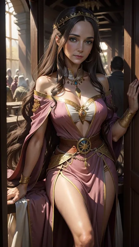 medieval fantasy, priestess in her late 40s, warm and welcoming presence, long wavy ((brown hairs)), pink and gold (ribbons), gentle green eyes, fair skin bears the soft lines of age and wisdom, flowing pink and gold robes, gold pendant, in a temple