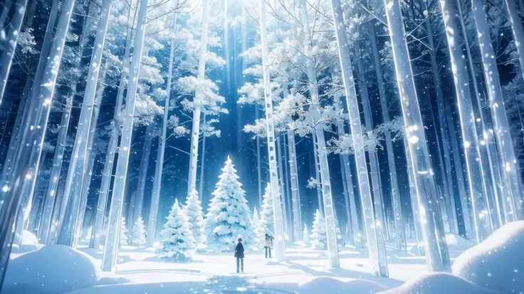 Forest of glass trees in a winter landscape, anime style to contemporary classical music. Transparent trees that refract light creating rainbows in the snow. Musical snowflakes that tinkle as they fall. An ice piano in a clearing, touched by invisible hand...