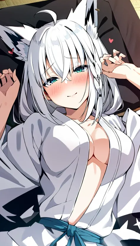 one girl, Shirakami Fubuki, fox ears, white hair, yukata, lying on futon, from above, shy, look at me, love me, naughty mood, upperbody focus, heart mark, kissing face