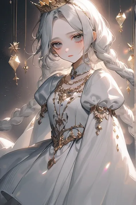 ((Лучшее качество)), ((шедевр)), (подробный), the girl is beautiful. long white hair with braids. very large grey eyes. the skin color is white and gray. Shes wearing a space dress. There is a crown on his head. Shes a princess