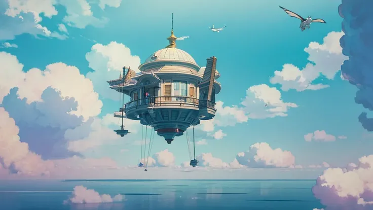 floating library in the clouds:

"Vast ethereal library floating among fluffy clouds, in soft anime style. Endless shelves of luminescent books stretch to the horizon. Spiral stairs connect suspended reading platforms. Origami birds fly carrying scrolls. D...