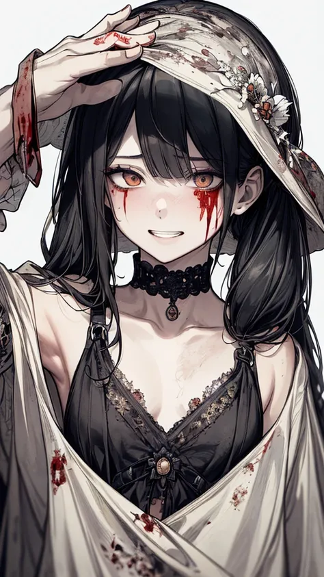 (masterpiece:1.2, Highest quality), (Actual Photos, Intricate details), (1 female, alone, Small breasts) ，Distorted facial expressions、Blood splatter、Cuts on the face、burns on the face、whole body、Punk Fashion、Long Hair、Long Bangs、Twin tails、Black Hair、（（（D...