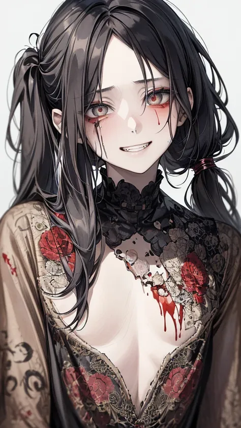 (masterpiece:1.2, Highest quality), (Actual Photos, Intricate details), (1 female, alone, Small breasts) ，Distorted facial expressions、Blood splatter、Cuts on the face、burns on the face、whole body、Punk Fashion、Long Hair、Long Bangs、Twin tails、Black Hair、（（（D...