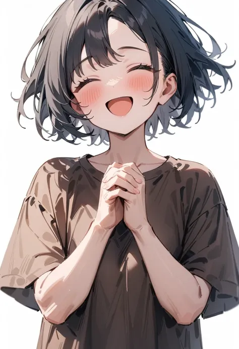 masterpiece, best quality, very aesthetic, absurdres, newest, asymmetrical bangs, 1girl, solo, blush, smile, short hair, open mouth, simple background, shirt, black hair, white background, closed eyes, upper body, :d, own hands together, > <, brown shirt