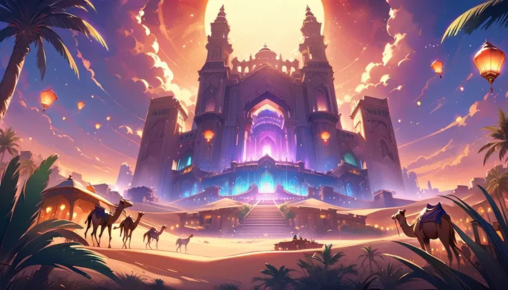 Arabian fantasy landscape, mystical oasis, towering sand dunes, ancient ruins, shimmering palace, enchanted desert, vibrant colors, magical atmosphere, twilight sky, glowing lanterns, camels, palm trees, detailed, illustration, 2D.