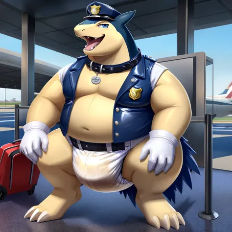 Solo, Male, fat, squatting, extremely obese, gentleman, dapper Typhlosion, pooping in diaper, blue eyes, (soft shading), 4k, hi res, ((detailed face, detailed)), looking at viewer, evil grin, Airport, TSA, TSA Uniform, collared shirt with buttons, hat, mal...