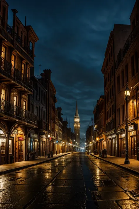 Steampunk city, view from the port, dark streets