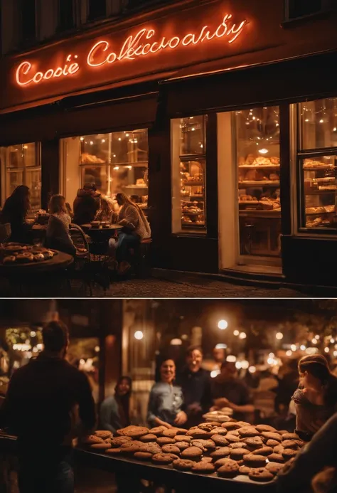 People smiling on a busy street in front of a cookie shop; confectionery; lights; cars on the street; friends sitting in a coffee bar; fat chocolate cookies on the table, night photo, realisitic, 4K, best qualityer, professional foto, best photographer in ...