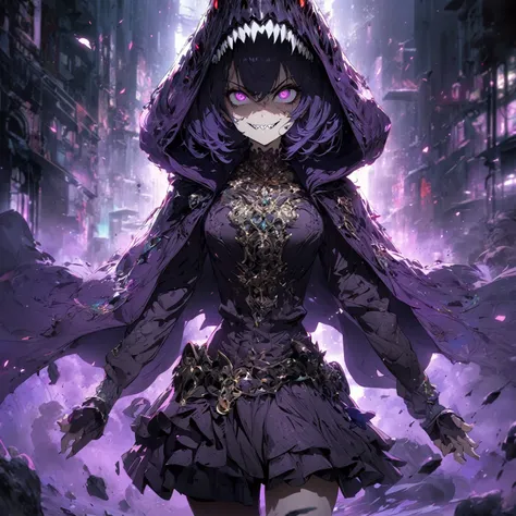 A Lady wearing a shadowy, gaseous purple cape, dressed in a unique casual outfit. She is in a background that complements her outfit theme. She strikes a unique pose that suits her character. Her facial expression is an evil grin: narrowed or gleaming eyes...