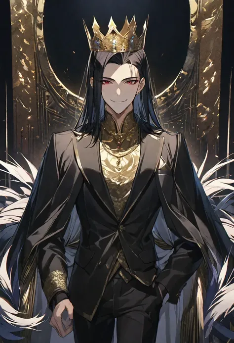 alone,good looking, 
1. male,
bangs,Straight hair,Bob Hair, ,
Black Hair, 
Satoru Gojo ,
Red eyes,
beautiful,Sexy,darkness,Gold Necklace,
Black suit ,smile,King,crown,Slender,
Black Background ,High resolution, 