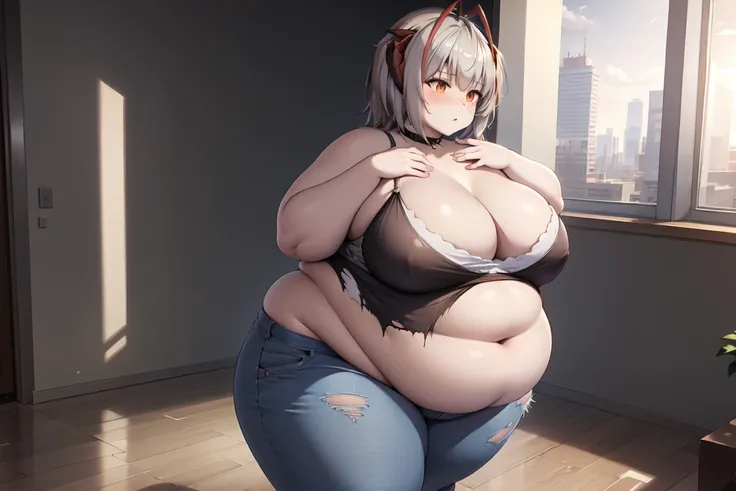 w_arknights, wide hips, torn clothes, massive hips, jeans, apartment, glass walls, big cleavage