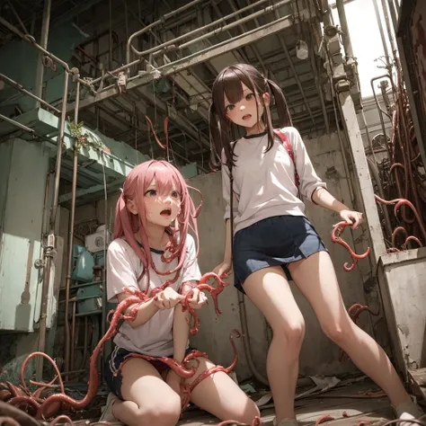 ８age、Girl captured by tentacles in abandoned factory、Tentacles in a skirt、Pants fabric texture、Crying and screaming