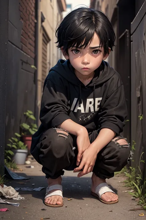 young boy, eight years old, hidden in an alley, crouching, wearing dirty clothes, black hair, threatening eyes, dark alley, pale face, 
torn clothes, trash bags around