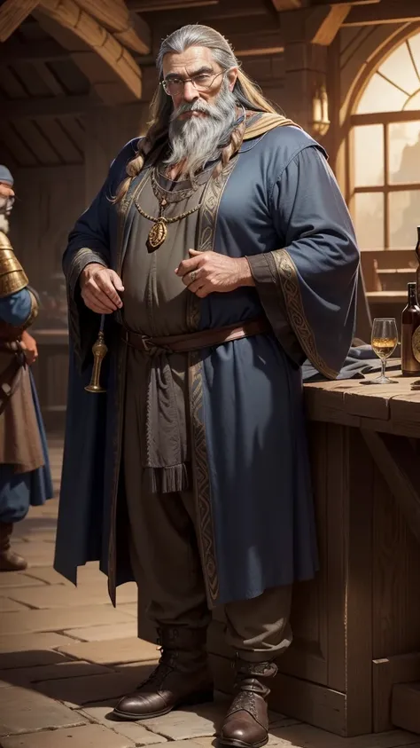 medieval fantasy, stout and robust old man in his forties, commanding presence, dark brown and grey hairs, groomed beard, distinguished appearance,  piercing blue eyes, pair of well-worn spectacles, comfortable casual attire, loose dark blue tunic with gol...