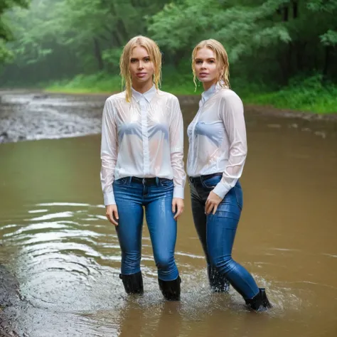 two women, jeans, sneakers, blonde hair, blue eyes, in the rain, wet shirt, wet blouse, white blouse, ankle boots, soaked hair, standing in a creek