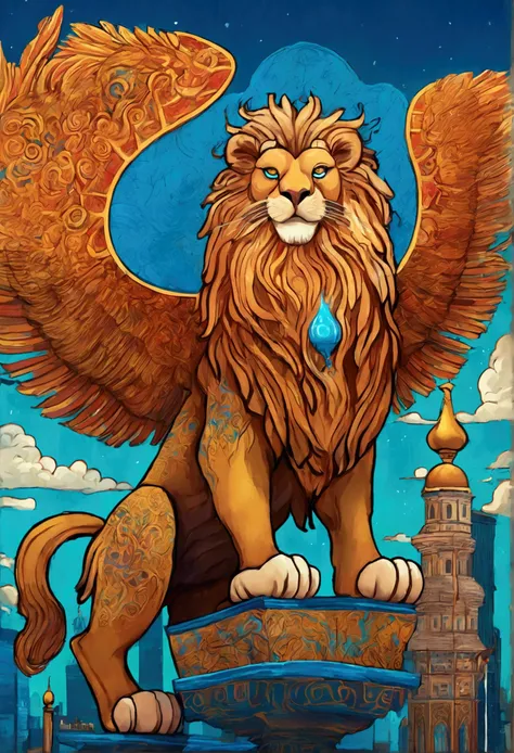 Highly detailed fantasy illustration featuring a fiery lion with blue flames for a mane, a majestic golden eagle with piercing eyes, and a golden city against a clear blue sky. Inspired by Slavic mythology and painted in the style of Ivan Bilibin, this art...