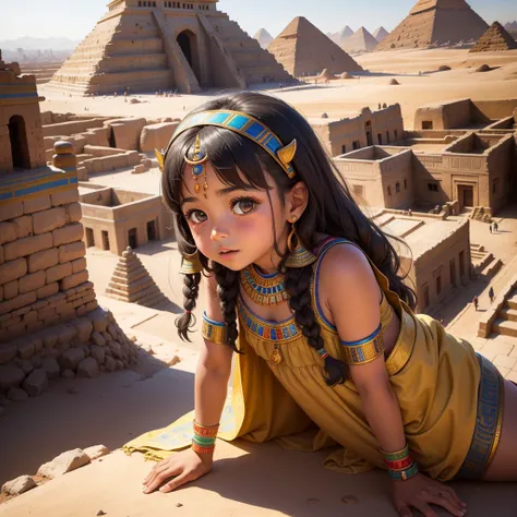 Cute Ancient Egyptian 8 year old girl、A hill overlooking the colorful temples of ancient Egypt、A colorful view of the whole city