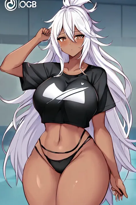 1girl, anime style, 2d, anime screencap, dark skin, black skin, dark-skinned female, white hair, long hair, large breasts, wide hips, thick thighs, shirt, sportswear, shy, sports bra, screencap, masterpiece, hourglass figure, mature female