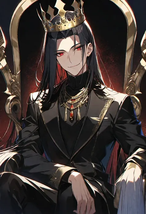 alone,good looking, 
1. male,
bangs,Straight hair,Bob Hair, ,
Black Hair, 
Satoru Gojo ,
Red eyes,
beautiful,Sexy,darkness,Gold Necklace,
Black suit ,smile,King,crown,Slender,
Black Background ,High resolution, sit,Darkness