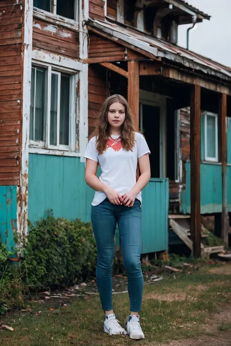 realistic photo of cute teenagers alone , with a defined physique from lots of training , standing in front of an abandoned hous...