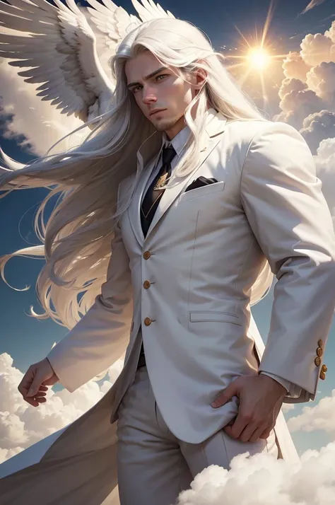 man, twenty four years old, white long hair, wearing white suit, strong body, calm face, golden eyes, long distance view, wide angle image, no beard, front angle view, flying above the clouds, cloudy day, dark clouds, giant sun at the horizon, an eagle fly...