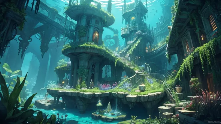 Underwater garden inspired by the work of HR Giger and the fantasy of &#39;Ponyo&#39;. A large coral reef rises from the sea floor, covered in sea flowers and luminescent algae in green and blue tones. Sea creatures such as iridescent fish and sea snakes f...