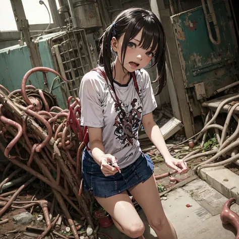 ８age、Girl captured by tentacles in abandoned factory、Tentacles in a skirt、Pants fabric texture、Crying and screaming