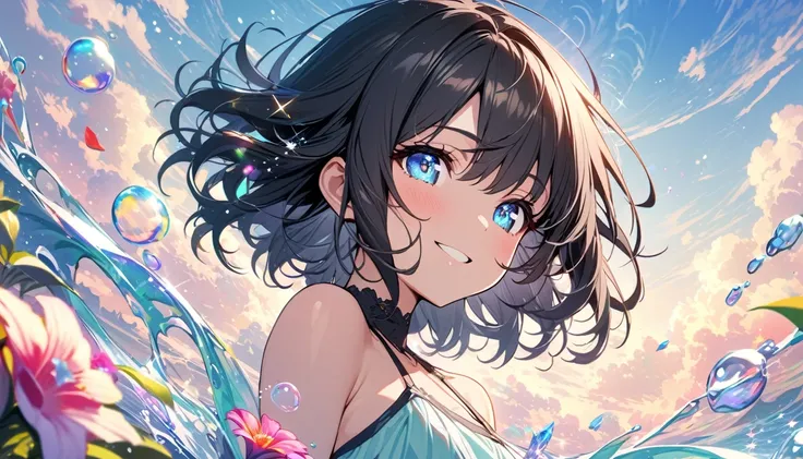 one Beautiful girl, solo, gentle smile on her face flat chest, short hair, black hair, blue eyes, (detailed eyes),, JK,Flowing hair,Beautiful sky, Beautiful clouds, Summer，Colorful flowers, (Crystal clear bubbles sparkle in the sky), masterpiece,high resol...