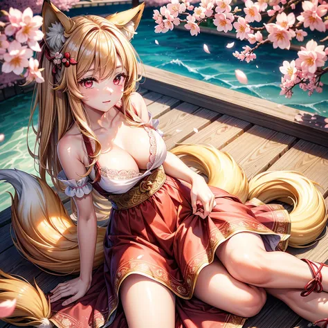 (masterpiece), best quality, expressive eyes, perfect face, fox girl, ((fluffy tail)), (under cherryblossom tree), coloful summer dress, embroided summer dress, red eyes, detailed eyes, perfect face, cleavage 