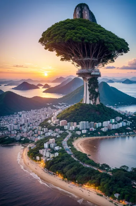 A breathtaking 4K image of a sunset over Sugarloaf Mountain, a famous landmark in Rio de Janeiro. The scene is captured with a Canon camera, showcasing realistic details and cinematic quality. The sun is setting behind the mountain, casting a warm, golden ...