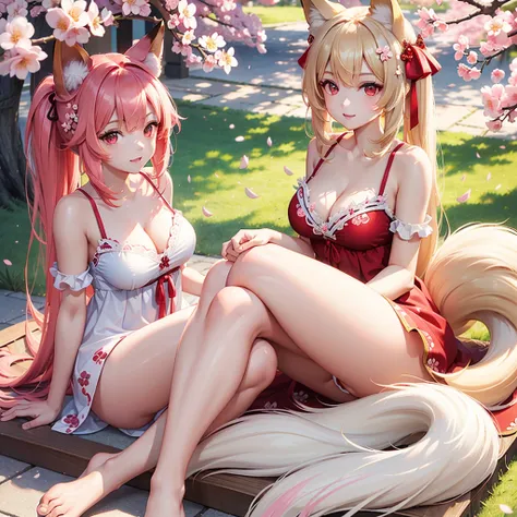 (masterpiece), best quality, expressive eyes, perfect face, fox girl, ((fluffy tail)), (under cherryblossom tree), coloful summer dress, embroided summer dress, red eyes, detailed eyes, perfect face, cleavage 