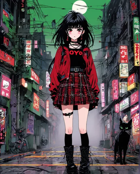 Japanese Anime，Second Dimension，Horror style，horror character，(((High resolution, full detailed, better image quality, Believe me a beautiful goth girl, who has black hair with Half-sided bangs painted dark red, with a short t-shirt, with a black and red p...