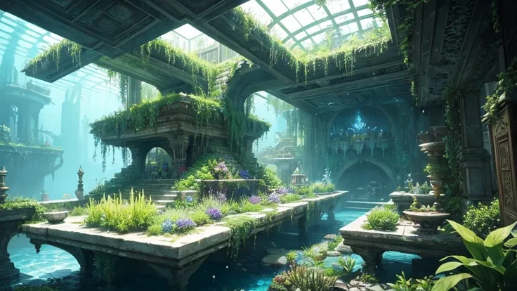 Underwater garden inspired by the work of HR Giger and the fantasy of &#39;Ponyo&#39;. A large coral reef rises from the sea floor, covered in sea flowers and luminescent algae in green and blue tones. Sea creatures such as iridescent fish and sea snakes f...