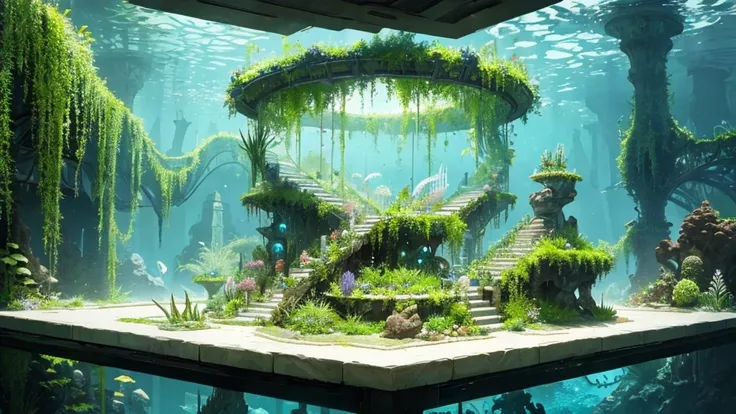 Underwater garden inspired by the work of HR Giger and the fantasy of &#39;Ponyo&#39;. A large coral reef rises from the sea floor, covered in sea flowers and luminescent algae in green and blue tones. Sea creatures such as iridescent fish and sea snakes f...