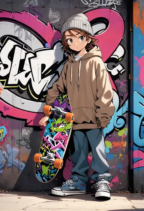 Skaterguy, 2000s style, brown messy hair, holding skateboard, graffiti, grey beanie