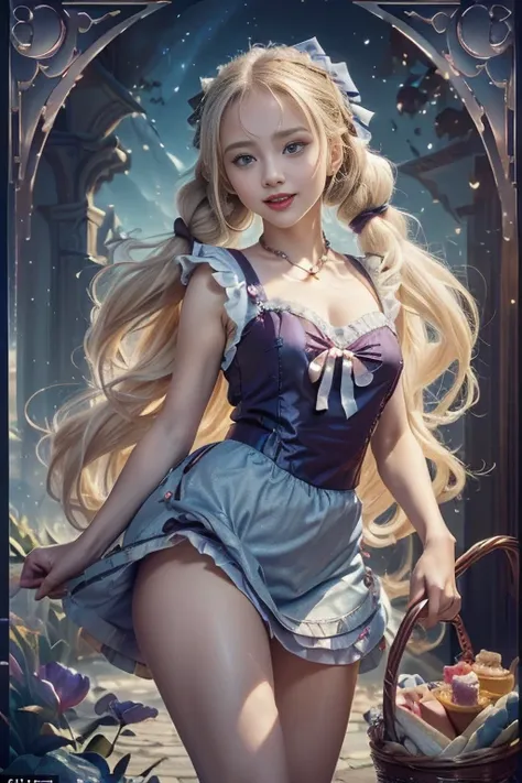 (perky chest:1.2), (pointed chest:1.2),(((Black Tunic:1.3))),(((cakes and bread in the basket),Cute and beautiful girl,Cute round face,Cute smile,with blush cheeks,Red Lip,a girl 22 years old, nsfw:1.2, beautiful body:1.3), shinny skin, BREAK, ((alice in t...