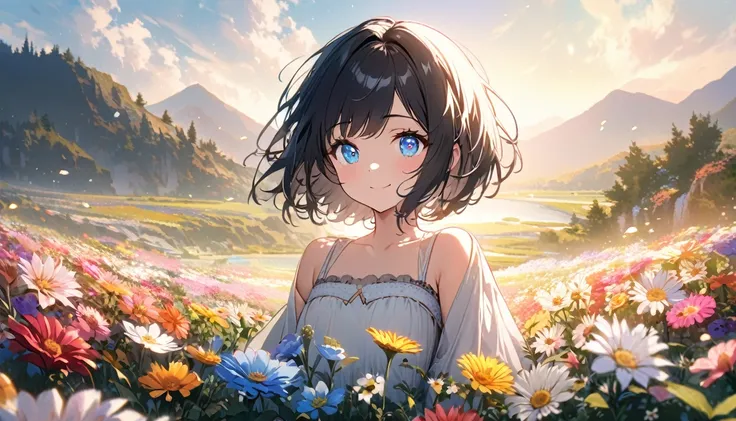 ne Beautiful girl, solo, gentle smile on her face flat chest, short hair, black hair, blue eyes, (detailed eyes),Sunny day landscape images, Only landscapes with flowers, Flower Field, unmanned, There are no animals, Lively, As if blown by the wind々Various...