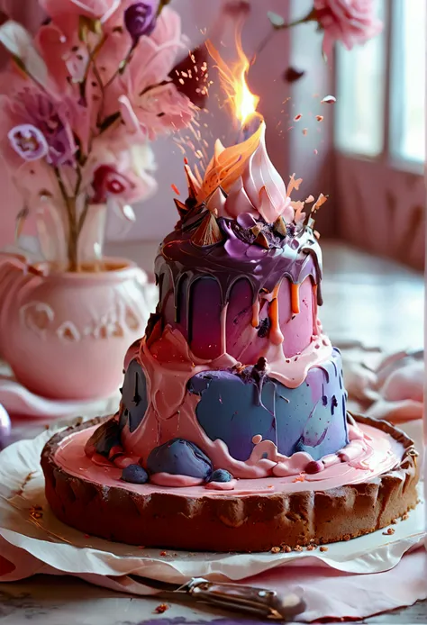 Captivating, high-resolution illustration of the "AMOR DOCE" brand logo. The design features a mini volcano cake, with a mouth-watering chocolate center, artistically rendered to be irresistibly delicious. Shades of baby pink and lilac adorn the cake, crea...