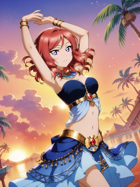 masterpiece, best quality,solo, floating hair,nishikino maki,red hair, purple eyes, light blue dress ,3pyramids, nile river, sun...